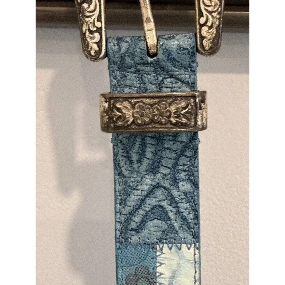 Vtg Nanni Turquoise Blue Patchwork Leather Metallic Belt Brass Buckle Length 40